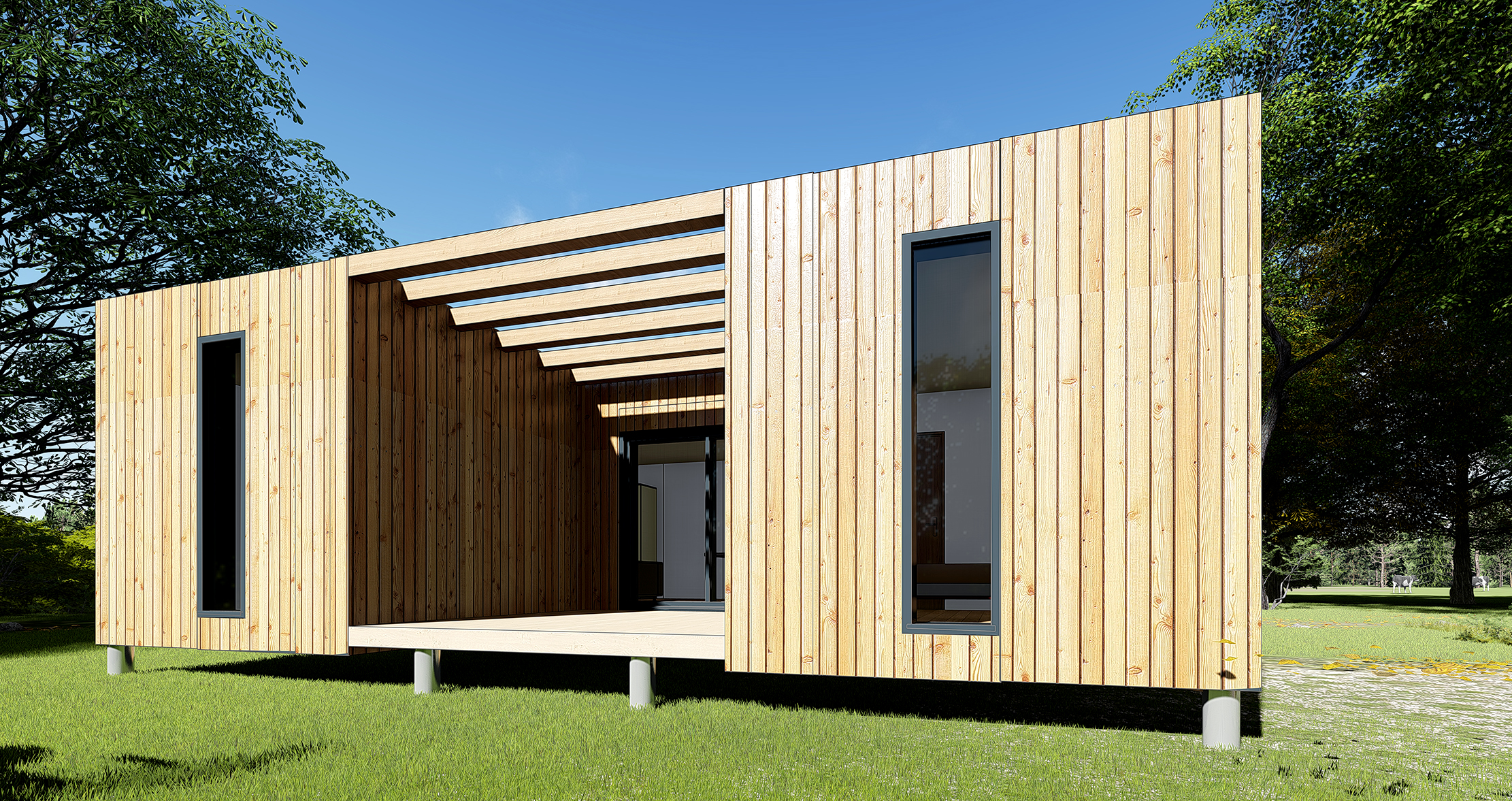 Maison modulaire bois et extension modulaire i-modul (50m2 SPC, dalle-bois, Douglas naturel )