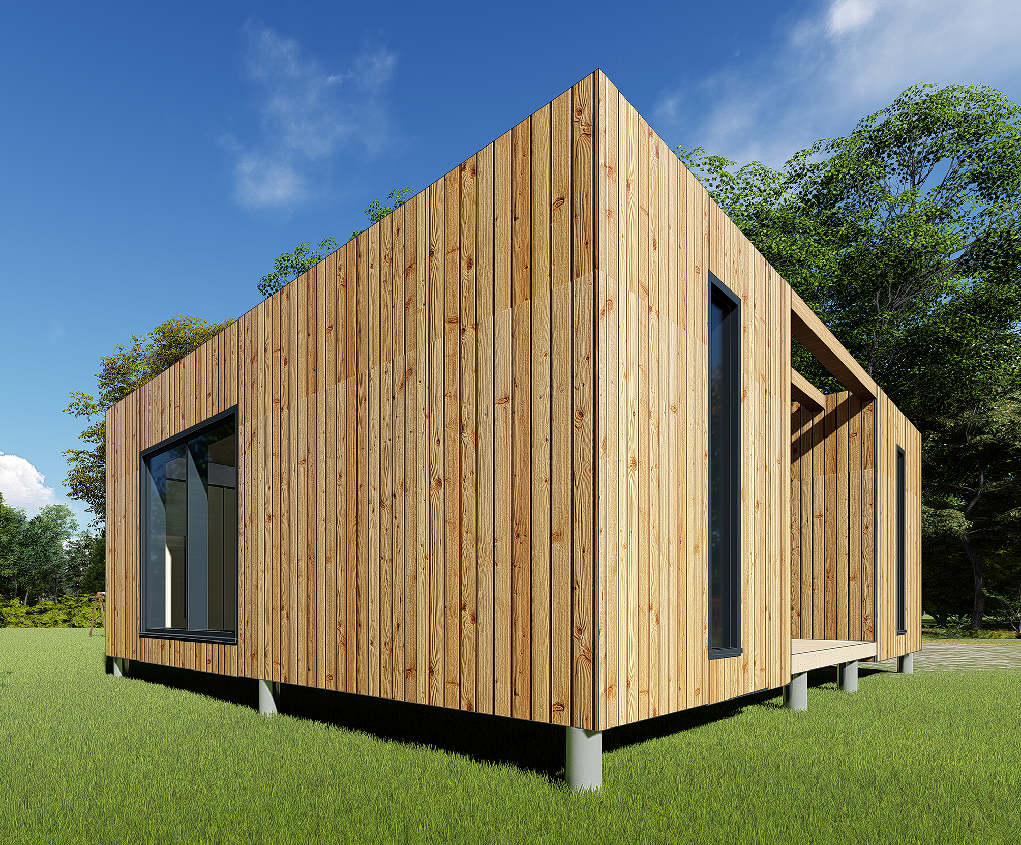 Maison modulaire bois et extension modulaire i-modul (50m2 SPC, dalle-bois, Douglas naturel)