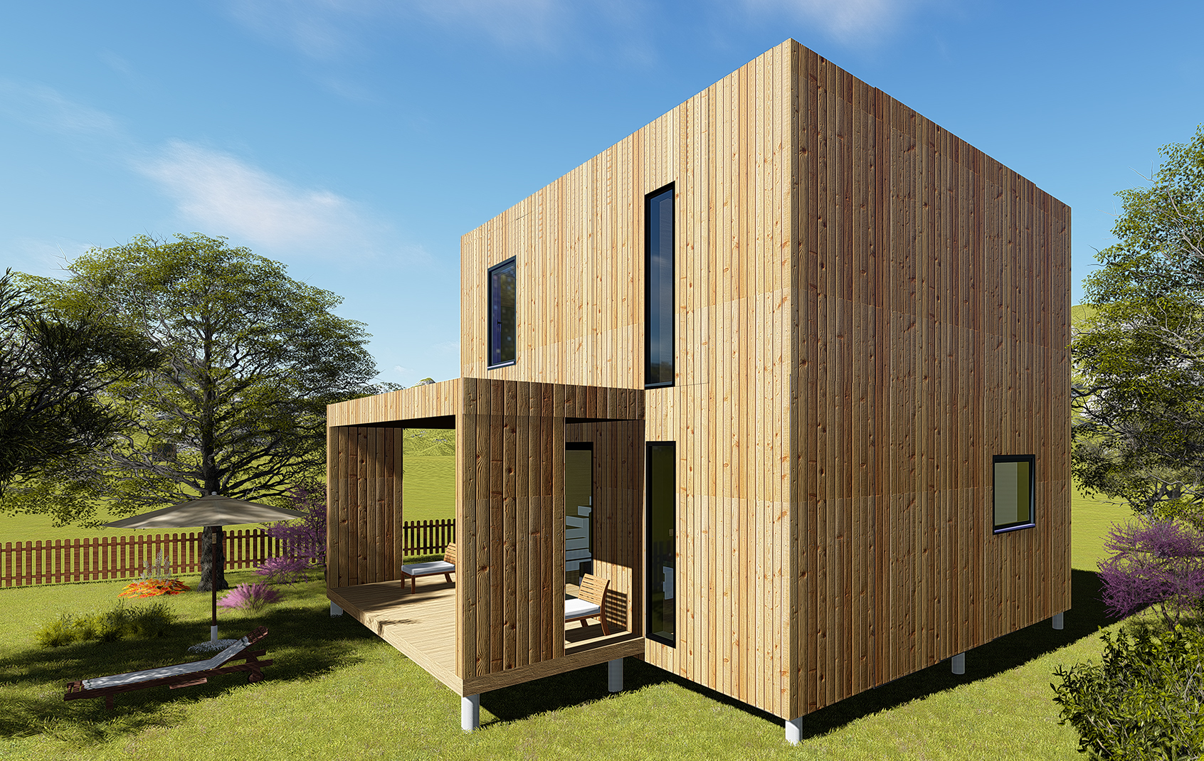 Maison modulaire bois et extension modulaire i-modul (65m2 SPC, R+1, dalle-bois, Douglas naturel)