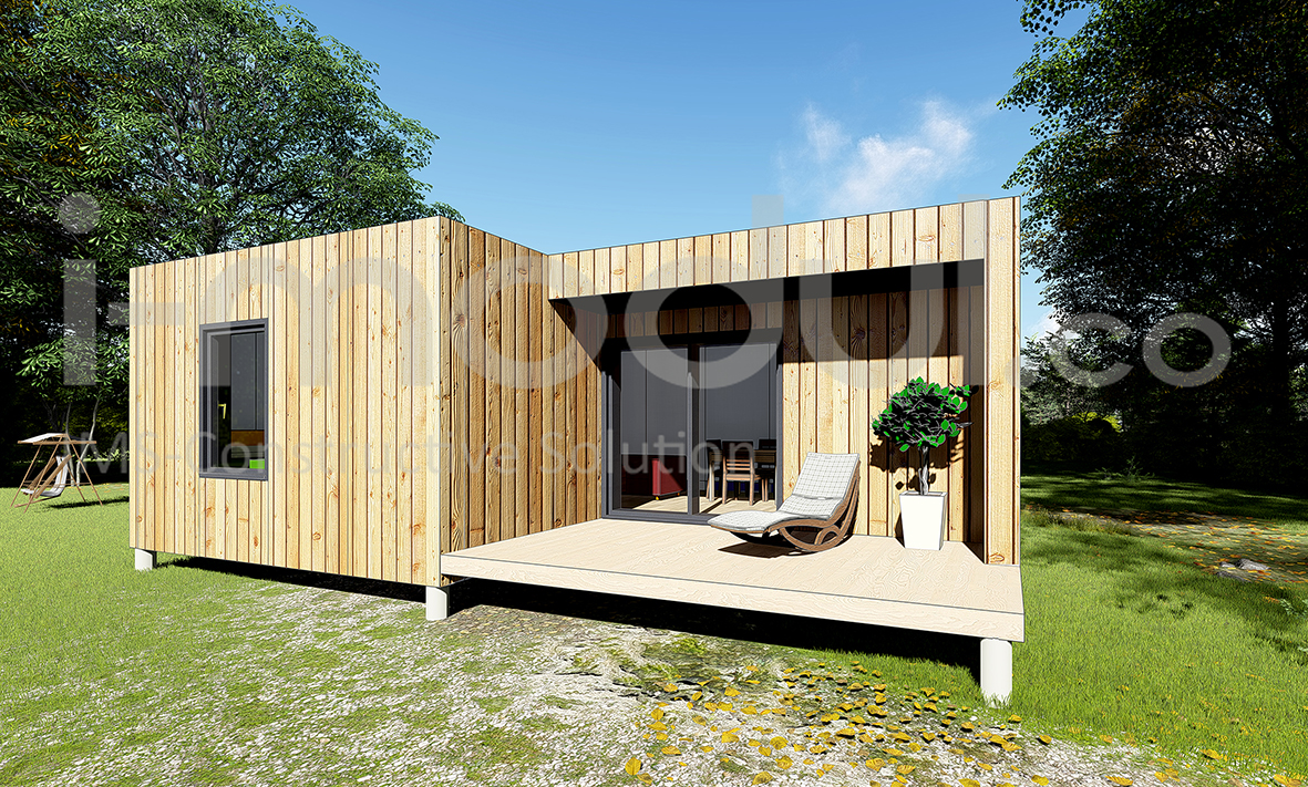 Maison modulaire bois et extension modulaire i-modul (35m2 SPC, dalle-bois, Douglas naturel)